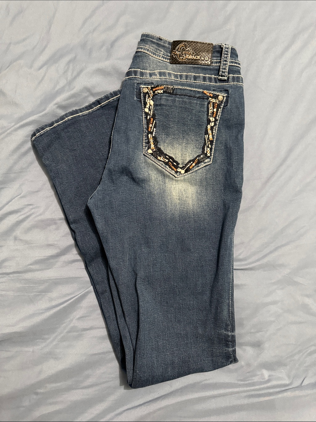 Grace In La Indigo Bootcut Jeans With Beaded Pocket
